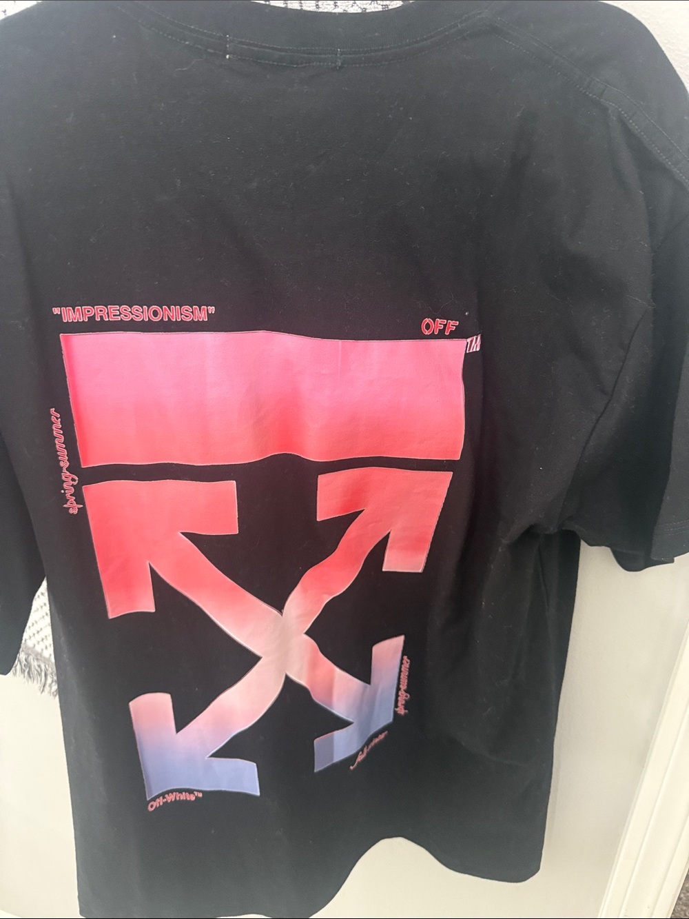 Off-White Black Short Sleeve Tee with Pink to Purple Gradient Graphic